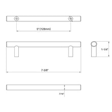 Load image into Gallery viewer, Diagram of dimensions of cabinet pull in antique brass finish with euro and clean style