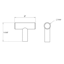 Load image into Gallery viewer, Diagram of dimensions of t bar knob in antique brass finish with two inch length
