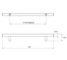 Load image into Gallery viewer, Diagram of dimensions of euro style clean straight bar drawer pull in antique brass finish with seven and a half inch hole spacing
