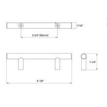 Load image into Gallery viewer, Diagram of dimensions of simple straight bar furniture pull in antique brass finish with euro style and three and three quarters inch hole spacing
