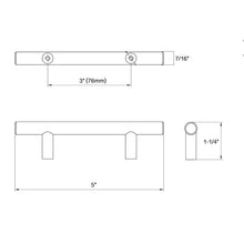 Load image into Gallery viewer, Diagram of dimensions of straight bar cabinet pull in antique brass finish with three inch hole spacing
