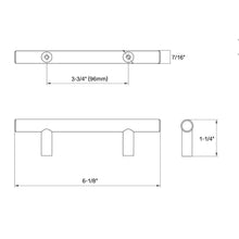 Load image into Gallery viewer, Diagram of dimensions of simple straight bar furniture pull in antique brass finish with euro style and three and three quarters inch hole spacing
