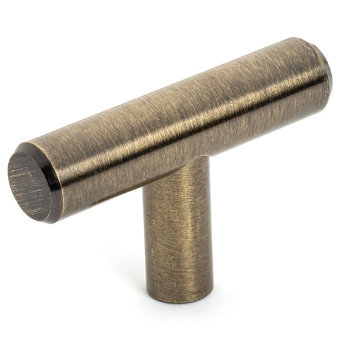 T bar knob in antique brass finish with two inch length